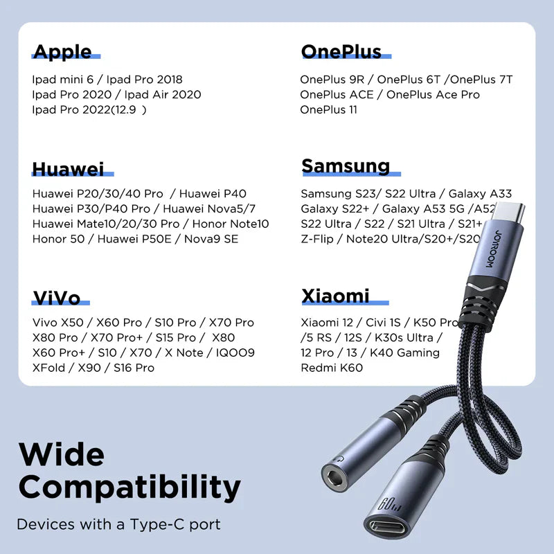 2-in-1 Audio Adapter Joyroom SY-C02 (Type-C to 3.5mm + Type-C)-Black