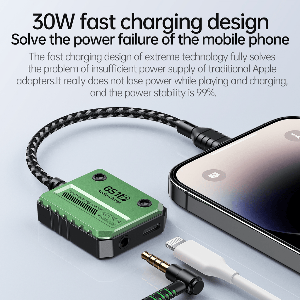 Plextone GS1 iPhone Lightning Splitter Adapter to 3.5mm Converter with PD 30W Fast Charge
